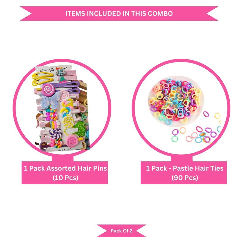 Pastel Mini Hair Ties with Unicorn Rainbow Flower Cancy hair Clip Set (Pack of 2, Multicolor) - Puchku.in