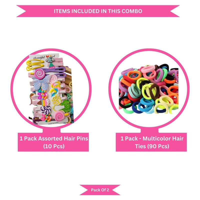 Neon Mini Hair Ties with Unicorn Rainbow Flower Cancy hair Clip Set (Pack of 2, Multicolor) - Puchku.in