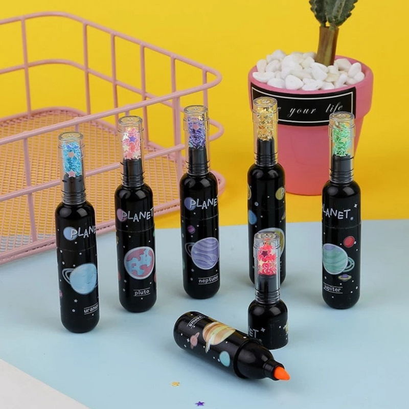 Space Theme Bottle Shape Highlighters | Set Of 6 | Fine Grip Marker Pen | Ideal For Office Stationery & Kids - Puchku.in