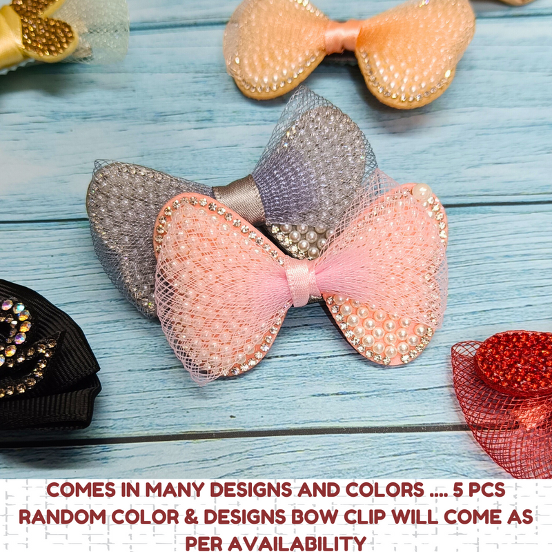 Handmade Rhinestone Embellished bow for girls Hair clip (Pack of 5, Random Design & color) - Puchku.in