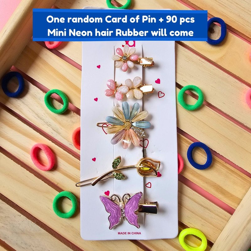Neon Mini Hair Ties with Embellised hair Pin and clip set (Pack of 2, Multicolor) - Puchku.in