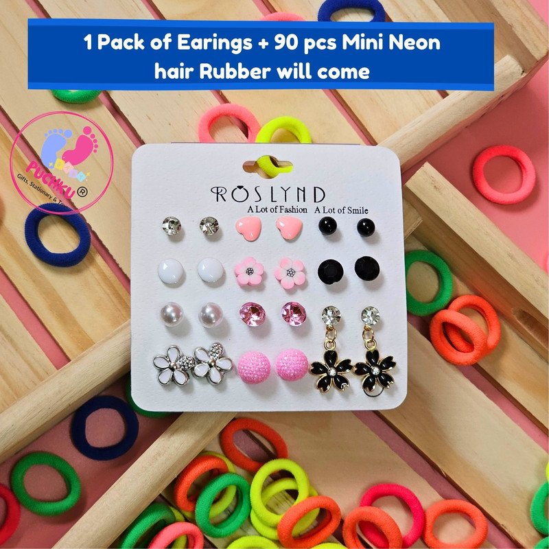 Neon Mini Hair Ties with Elegant Earings set (Pack of 2, Multicolor) - Puchku.in