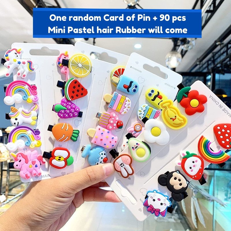 Pastel Mini Hair Ties with Unicorn Rainbow Flower hair Clip Set (Pack of 2, Multicolor) - Puchku.in
