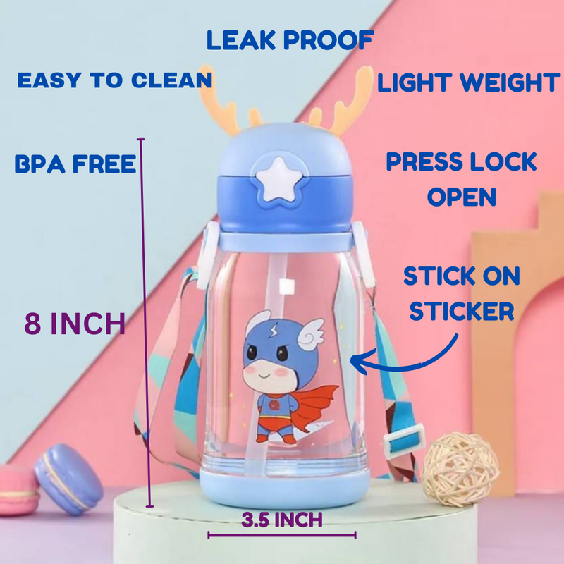 Water Bottle Sipper for Kids Cute Plastic, School Sports Bottle for Girls/Boys BPA Free Bottle (Pack of 1, Random Design) - Puchku.in