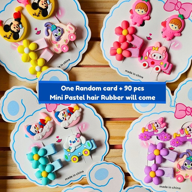 Pastel Mini Hair Ties with Teddy Flower Rainbow Cartoon hair Clip set (Pack of 2, Multicolor) - Puchku.in