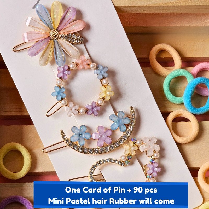 Pastel Mini Hair Ties with Embellised hair Pin and clip set (Pack of 2, Multicolor) - Puchku.in