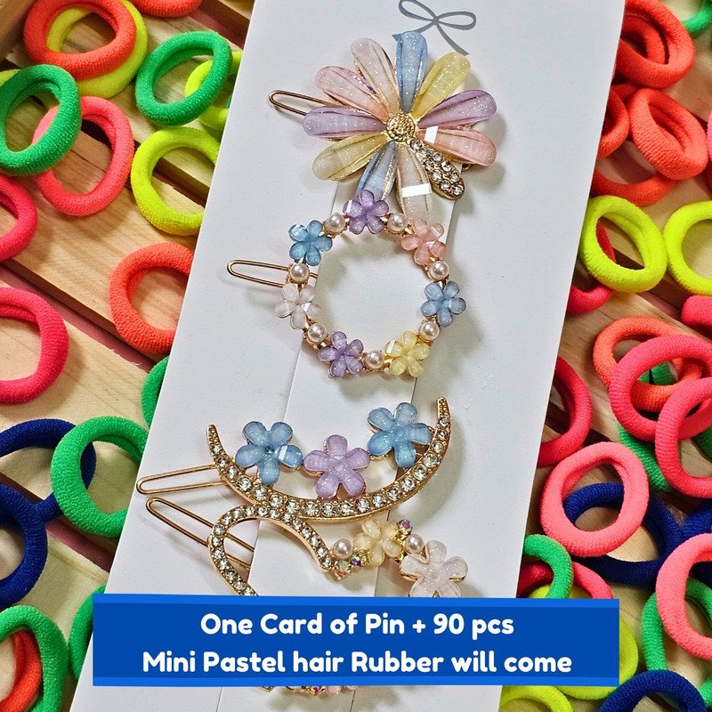 Neon Mini Hair Ties with Embellised hair Pin and clip set (Pack of 2, Multicolor) - Puchku.in