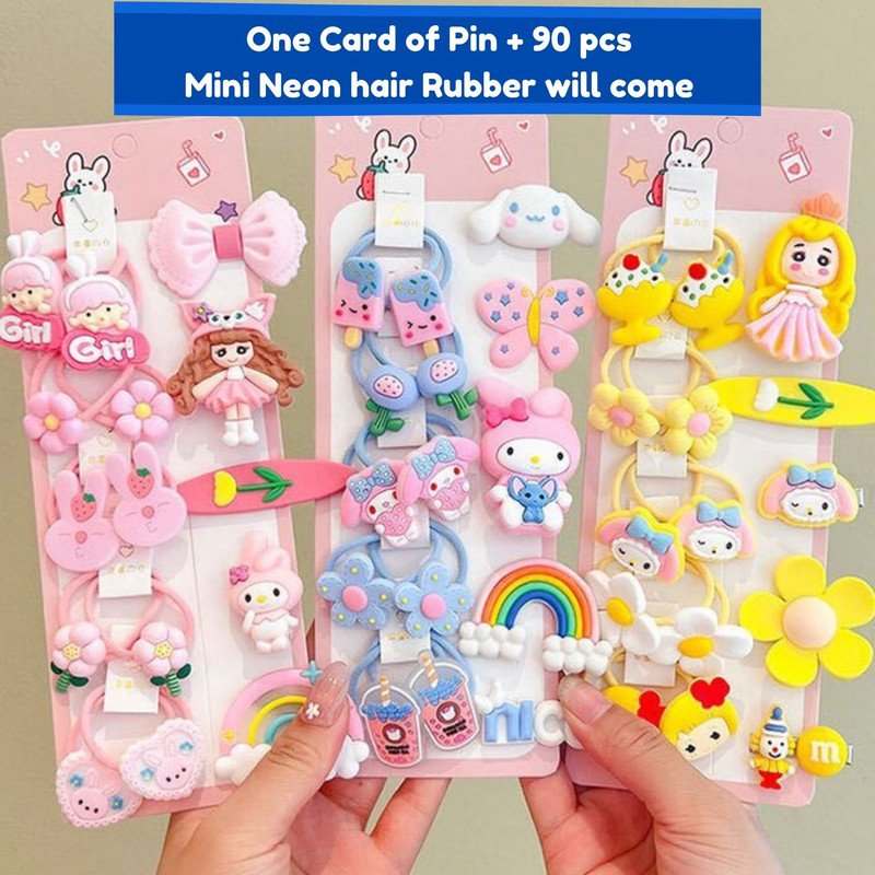 Neon Mini Hair Ties with Teddy Flower Rainbow Cartoon hair Clip set (Pack of 2, Multicolor) - Puchku.in