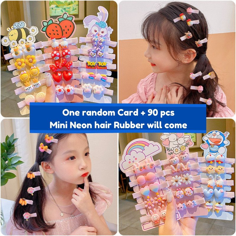 Neon Mini Hair Ties with Teddy Flower Rainbow Cartoon hair Clip set (Pack of 2, Multicolor) - Puchku.in