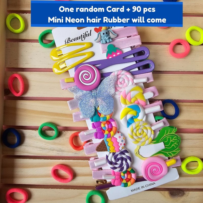 Neon Mini Hair Ties with Unicorn Rainbow Flower Cancy hair Clip Set (Pack of 2, Multicolor) - Puchku.in