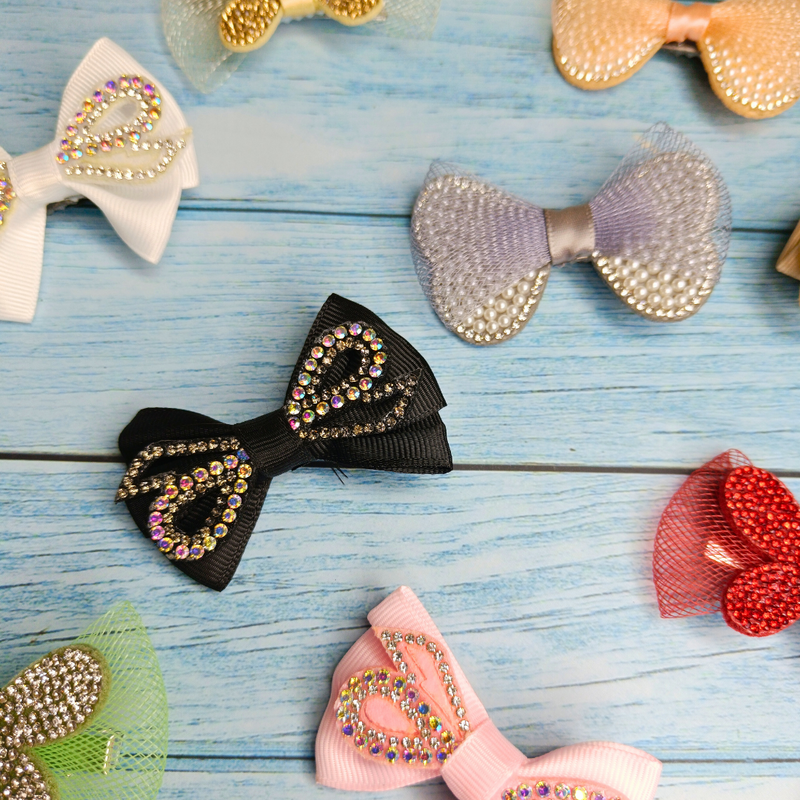 Handmade Rhinestone Embellished bow for girls Hair clip (Pack of 5, Random Design & color) - Puchku.in