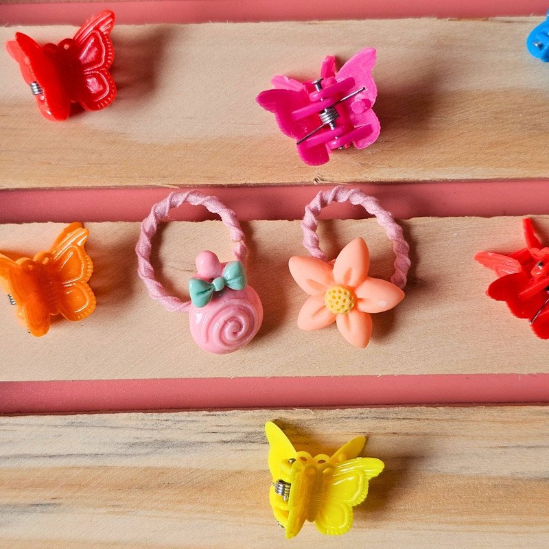 Pastel Mini Hair Ties with Flower Cancy Butterfly hair Clip Set (Pack of 2, Multicolor) - Puchku.in