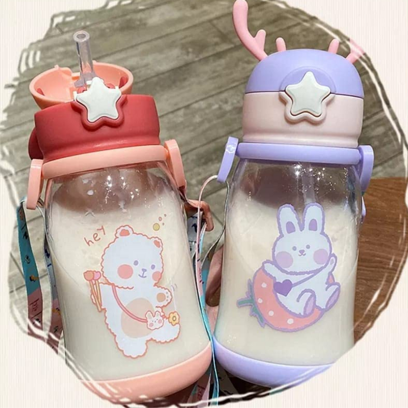 Water Bottle Sipper for Kids Cute Plastic, School Sports Bottle for Girls/Boys BPA Free Bottle (Pack of 1, Random Design) - Puchku.in