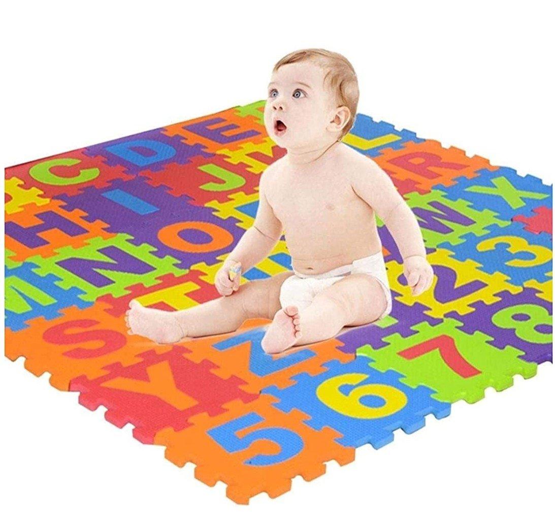 36 Pieces Mini Puzzle Foam Mat for Kids, Interlocking Learning Alphabet and Number Mat for Kids (4 X 4 Inches)- Multi-Color - Puchku.in