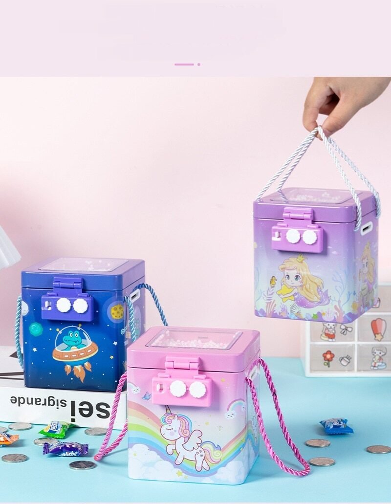 New Cute Unicorn Tinplate Hand Rope Square Password Lock Piggy Bank Children's Cartoon Mermaid Dino Savings Change Coins Money Box - Puchku.in