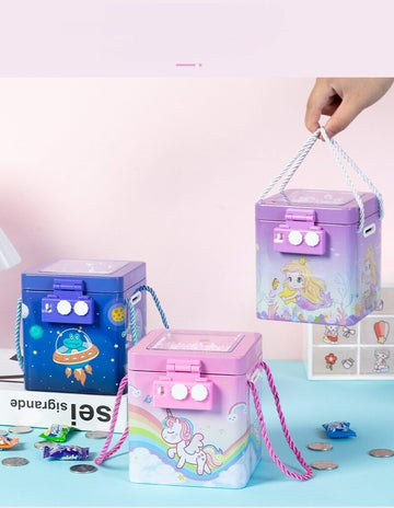 New Cute Unicorn Tinplate Hand Rope Square Password Lock Piggy Bank Children's Cartoon Mermaid Dino Savings Change Coins Money Box - Puchku.in