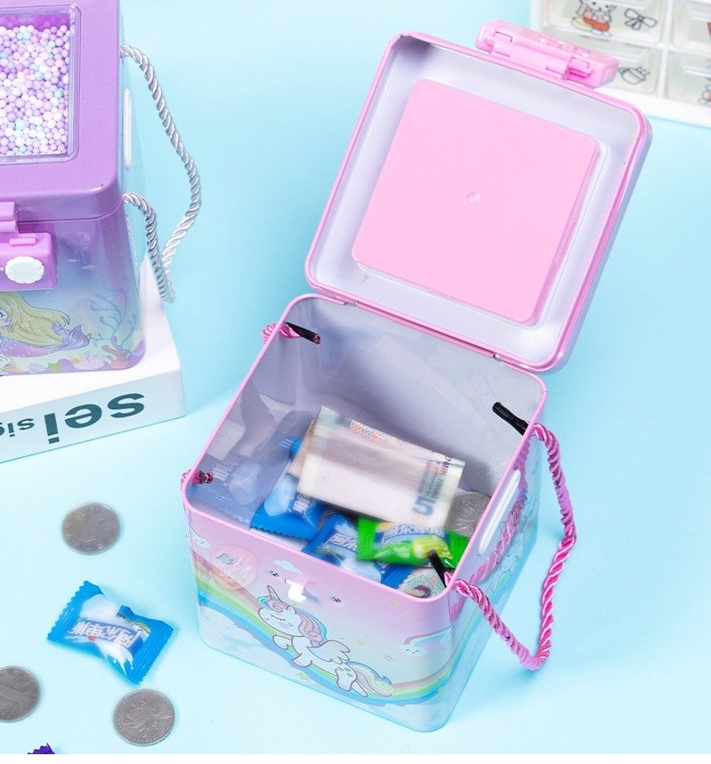 New Cute Unicorn Tinplate Hand Rope Square Password Lock Piggy Bank Children's Cartoon Mermaid Dino Savings Change Coins Money Box - Puchku.in