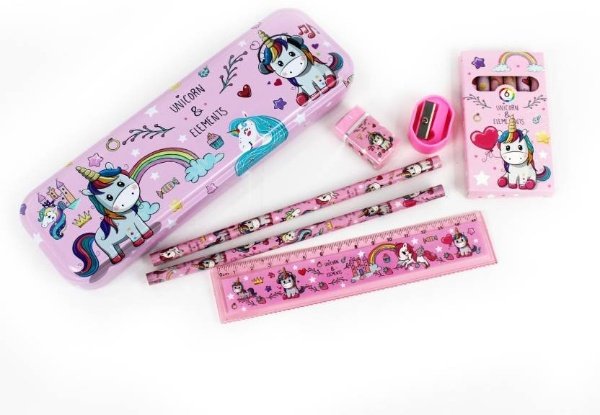 Unicorn Stationary combo-Pencil Box Pencil Color Eraser for Kids Girls Unicorn Art Metal Pencil Box (Set of 1, Unicorn Theme) - Puchku.in